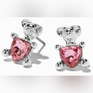 Claire's Faux Crystal Silver and Pink Teddy Bear Stud Pierced Earrings